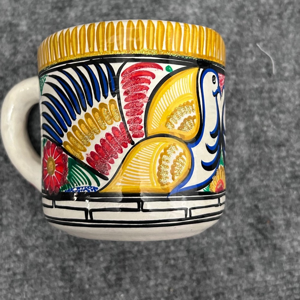 Mexican Tonala Pottery Mug Hand Painted Folk Art Bird Floral Terracotta Cup